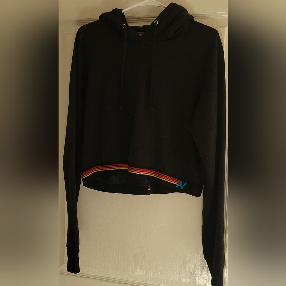 Aviator  Nation Crop Black Hoodie with Rainbow Stripes